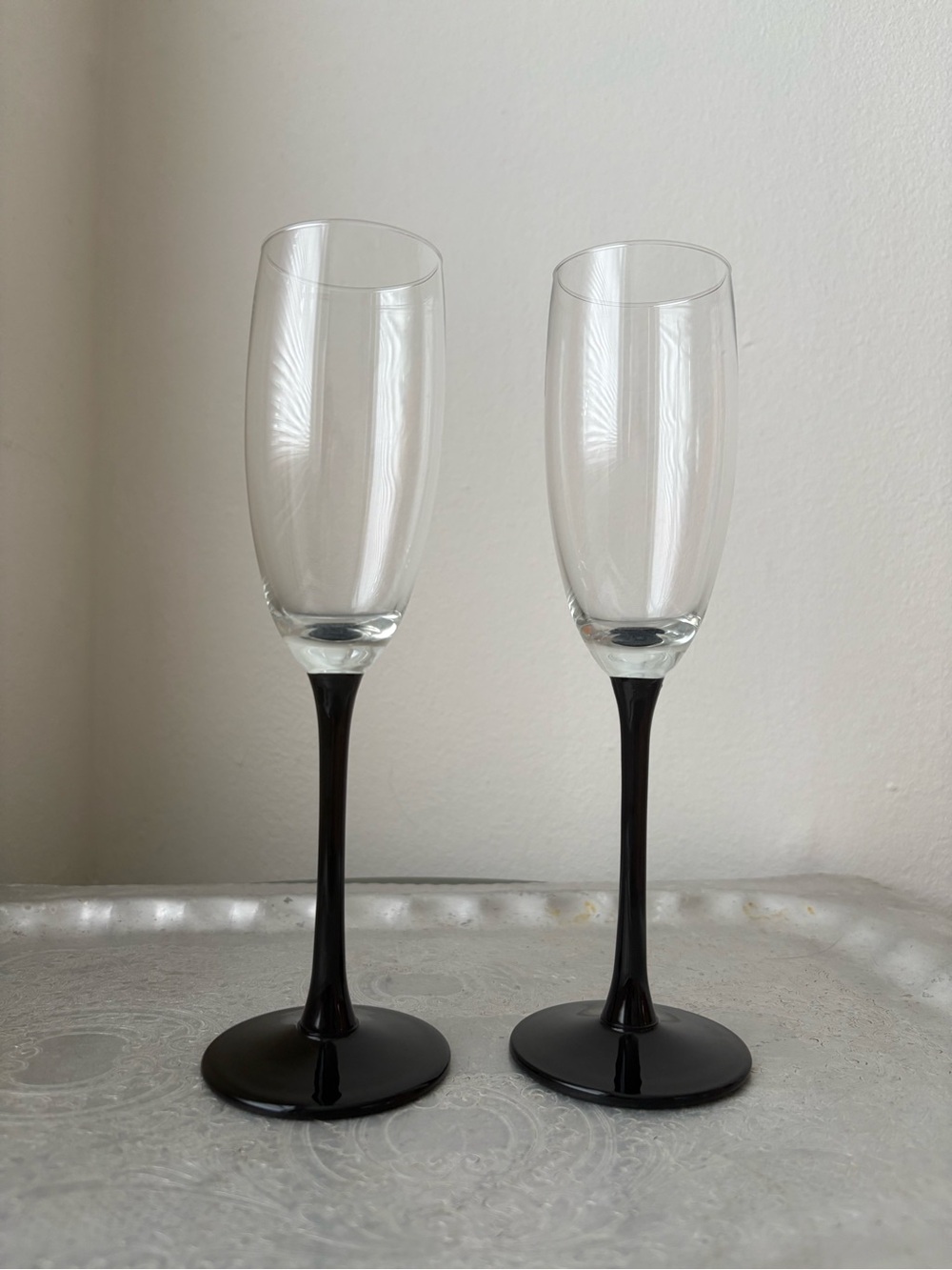 Vintage Black Stem Champagne Flutes - Set of 2